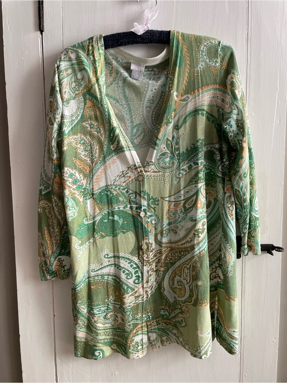 Chico's Cotton Blend Green Paisley Long Line Button-Front V-Neck Cardigan Size L